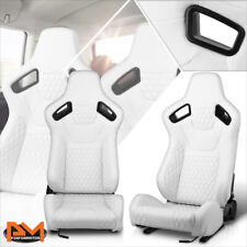 2pcs Reclinable Quilted Pattern White Leather Racing Seats W Bottom Sliders