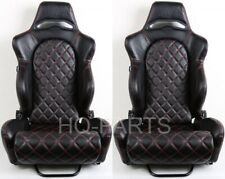 2 Tanaka Black Pvc Leather Racing Seat Reclinable Red Diamond Stitch Fits Camaro