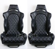 2 X Tanaka Black Pvc Leather Racing Seats Reclinable Blue Diamond Stitch Fits Vw