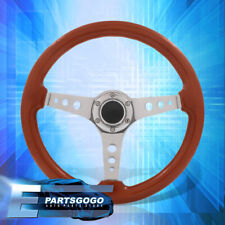 Universal 350mm 14 Light Brown Wood Grain Chrome Steel Deep Dish Steering Wheel
