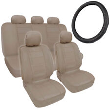 Beige Tan Synth Leather Seat Covers For Car Stitched Grip Steering Wheel Cover
