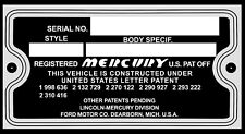Mercury Early Mid 1950s Data Body Plate Vin Identification 1952 1953 54 55 56 57