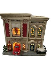 2005 Holiday Time Lighted Fire Polices Station Christmas Village Collectible