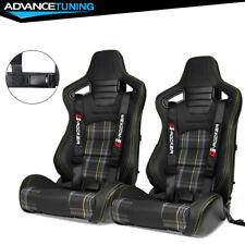 Universal Recline Black Racing Seat Dual Slider Yellow Plaid Buckle Belt X2
