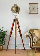 Antique Brass Floor Lamp Wood Tripod Moveable Spotlight E27 Bulb Holder Lamp